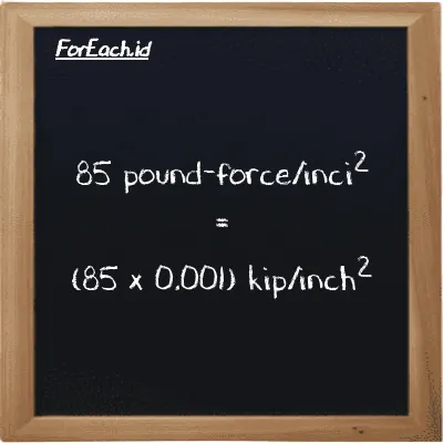 Cara konversi pound-force/inci<sup>2</sup> ke kip/inch<sup>2</sup> (lbf/in<sup>2</sup> ke ksi): 85 pound-force/inci<sup>2</sup> (lbf/in<sup>2</sup>) setara dengan 85 dikalikan dengan 0.001 kip/inch<sup>2</sup> (ksi)